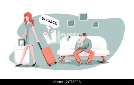 Une femme en colère avec une valise à l'écart de son mari, prête pour le divorce. Couple marié subissant une crise de relation, une rupture ou une séparation Illustration de Vecteur