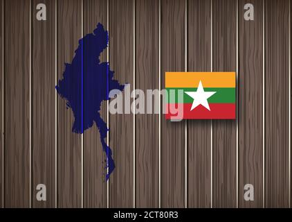 Carte et drapeau du Myanmar, pays d'Asie, sur fond de bois, illustration 3D Banque D'Images