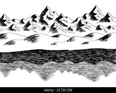 Mountain Lake graphique noir blanc paysage dessin illustration vecteur Illustration de Vecteur