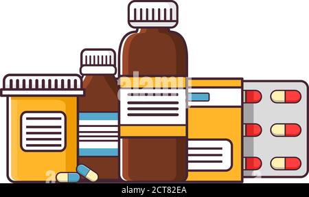 Médicaments médicaments comprimés et flacons.plaquettes thermoformées de comprimés et de capsules.Jars verre et plastique avec remèdes. Vecteur art à ligne plate. Illustration de Vecteur