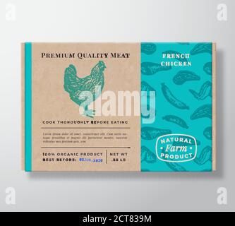 Conteneur de boîtes en carton Realistic de motif de viande. Résumé Vector Packaging Design ou Label. Typographie moderne, silhouette de poulet dessinée à la main. Artisanat Illustration de Vecteur