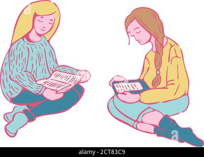 Deux filles lisant des livres. Illustration vectorielle de deux personnages féminins lisant des livres papier et électroniques. Illustration de dessin animé de style moderne. Illustration de Vecteur