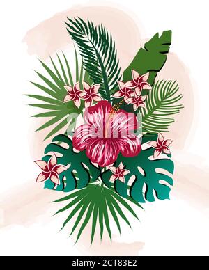 Composition de fleurs et de feuilles tropicales. Hibiscus, frangipani, palmier et monstère. Vecteur Illustration de Vecteur