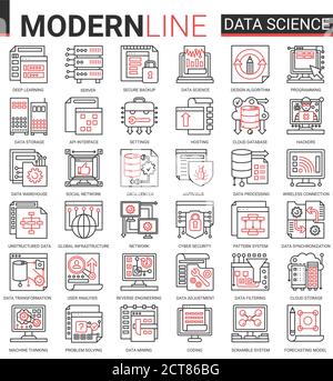 Data science complexe fin rouge ligne noire concept vecteur icône ensemble avec les symboles de contour collecte technologie scientifique dans le stockage de bases de données systèmes Internet, cyber sécurité de la connexion réseau Illustration de Vecteur