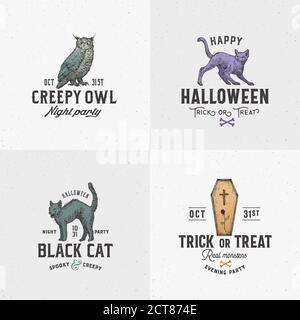 Ensemble de modèles d'étiquettes ou de logos d'Halloween de style vintage. Collection de symboles d'esquisse de cercueil, de chats à enclume et de chouette dessinés à la main. Typographie rétro. En délabeur Illustration de Vecteur
