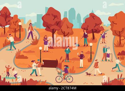 Personnes dans le parc d'automne. Femmes et hommes se détendent en plein air, parc de vélo, chien de marche, jogging, profiter de l'arrière-plan vectoriel de la saison d'automne. Saison des parcs d'automne W Illustration de Vecteur