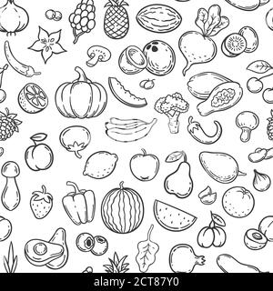 Légumes et fruits. Contour des icônes de fruits et de légumes dessinées à la main, style de vie végétalien, nourriture biologique saine, motif sans couture de vecteur de caniche. Contour fr Illustration de Vecteur