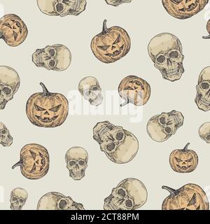 Motif de fond sans couture Sculpl and Evil Pumpkin Vector dessiné à la main. Carte d'esquisses, enveloppe ou modèle de couverture pour la célébration d'Halloween Illustration de Vecteur