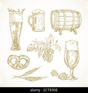 Ensemble d'esquisses de bière vectorielle. Illustrations dessinées à la main de verres, de fût ou de tonneau, de houblon et de collations. Illustration de Vecteur