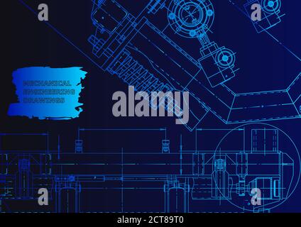 Systèmes de conception assistée par ordinateur. Illustrations techniques, arrière-plans. Dessin d'ingénierie mécanique. Néon bleu Illustration de Vecteur