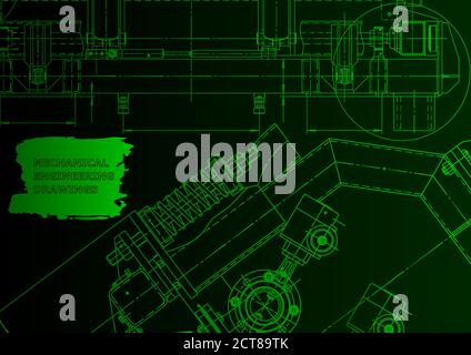 Systèmes de conception assistée par ordinateur. Illustrations techniques, arrière-plans. Mécanique. Néon vert Illustration de Vecteur