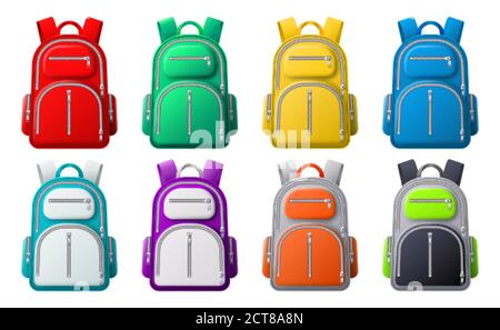 Maquette de sac à dos sport de couleur. Sacs à dos de différentes couleurs, sacs de voyage, vêtements et chaussures de sport ou d'école, ensemble 3D vectoriel réaliste. Sac à dos et sac à dos Illustration de Vecteur