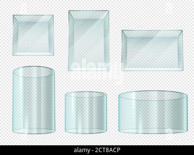 Boîte en verre. Vitrine transparente en cristal et cylindre vide. Support de musée, socle de prisme d'exposition, ensemble de vecteur 3d réaliste isolé. Illustration cub Illustration de Vecteur