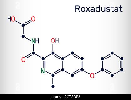 Molécule de Roxadustat. Il est inhibiteur de la prolyl hydroxylase, stimule la production d'hémoglobine et de globules rouges. Formule chimique du squelette. Vecteur il Illustration de Vecteur