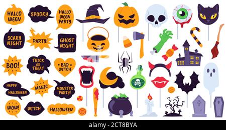 Accessoires pour Halloween. Accessoires de vacances bulles de discours avec phrases, citrouille, crâne et chapeau de diable. Araignée, fantôme et bat, icônes de vecteur de balai. Halloween m Illustration de Vecteur