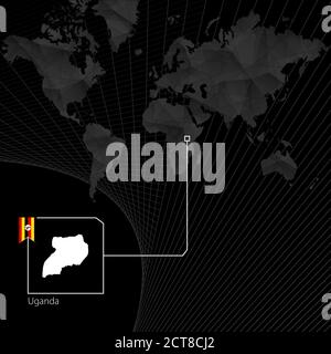 Ouganda sur la carte noire du monde. Carte et drapeau de l'Ouganda. Illustration de Vecteur