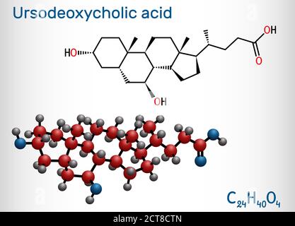 Acide ursodésoxycholique, ursodiol, molécule d'UDCA. Il est utilisé comme cholagogue et cholérétique dans le traitement de la cholélithiase, cholangite biliaire. Structure Illustration de Vecteur