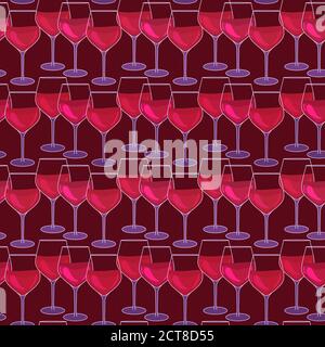 Verres avec vin rouge. Motif sans couture avec lunettes de vin. Design de surface pour les événements vinicoles. Illustration vectorielle isolée sur un arrière-plan bordeaux. Rayures Illustration de Vecteur