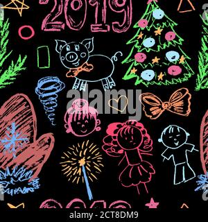 Nouvelle année 2019. Motif sans coutures pour le nouvel an. Dessins d'enfants crayons de cire. Arbre de Noël, mitten, 2019, cochon, enfants Illustration de Vecteur