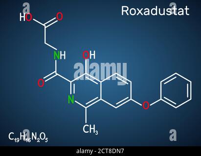 Molécule de Roxadustat. Il est inhibiteur de la prolyl hydroxylase, stimule la production d'hémoglobine et de globules rouges. Formule chimique structurelle sur le d Illustration de Vecteur