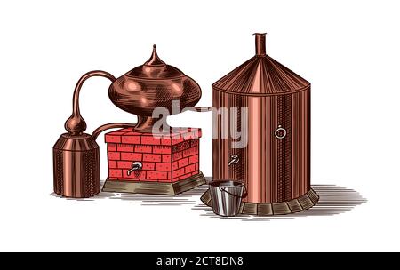 Alcool distillé. Dispositif de préparation de la tequila, du cognac et des spiritueux. Dessin vintage gravé à la main. Style de coupe de bois. Illustration vectorielle du menu Illustration de Vecteur