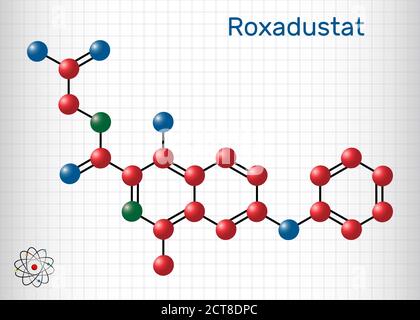 Molécule de Roxadustat. Il est inhibiteur de la prolyl hydroxylase, stimule la production d'hémoglobine et de globules rouges. Feuille de papier dans une cage. Vecteur Ill Illustration de Vecteur