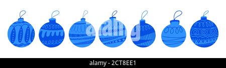 Ensemble de boules de Noël bleues dessinées à la main avec des éléments en forme de caniche. Isolé sur un fond blanc. Illustration de Vecteur
