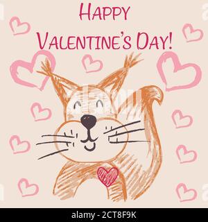 Illustration mignonne, carte postale. Carte de voeux avec coeurs et animaux mignons. Bonne Saint Valentin. Doux écureuil amoureux Illustration de Vecteur