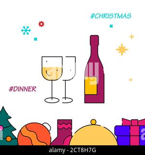 Dîner de Noël, vin de table et verres de fête, icône vectorielle pleine ligne, illustration simple, nouvel an, bordure inférieure liée à Noël. Illustration de Vecteur