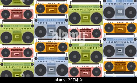 Texture sans couture avec un ancien magnétophone plat de couleur et une boombox en rangée. Fond vectoriel pour votre créativité. Illustration de Vecteur