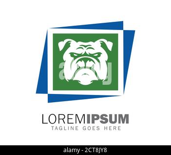 Illustration vectorielle du logo en forme de chien Bulldog et de cadre carré en vert et bleu Illustration de Vecteur