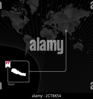 Népal sur la carte noire du monde. Carte et drapeau du Népal. Illustration de Vecteur