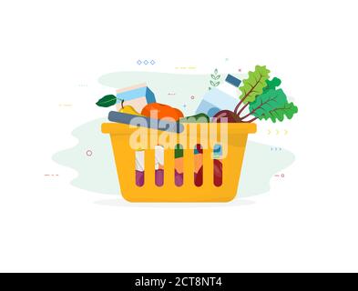 Panier avec légumes et fruits. Bouteille d'eau, sachet de lait et produits frais du marché alimentaire local. Panier avec nourriture et boisson. Panier de supermarché Illustration de Vecteur