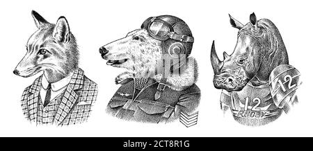 Fox et Rhino habillés en costume. Pilote d'ours polaire. Personnages animaux mode. Esquisse dessinée à la main. Illustration vectorielle gravée pour étiquette, logo et T Illustration de Vecteur