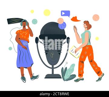 Balado radio et bandeau de diffusion audio avec des gens près d'un énorme microphone. Illustration de Vecteur