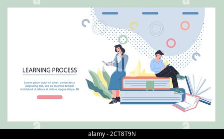 Bannière de site Web processus d'apprentissage sur les cours en ligne avec les gens lisant des livres. Illustration de Vecteur