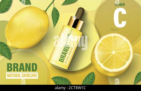 Affiche cosmétique citron. Sérum réaliste avec vitamine C, disques circulaires et modèle de bouteille cosmétique. Illustration 3d réaliste Illustration de Vecteur