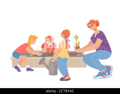 Enseignant et enfants s'occupent du jardinage à la maternelle ou à la cour d'école maternelle. Illustration de Vecteur