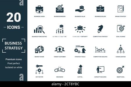 Ensemble d'icônes de stratégie d'entreprise. Collection d'affiches monochromes avec vision d'affaires, mission d'affaires, valeur d'affaires, résolution d'affaires et plus d'icônes Illustration de Vecteur