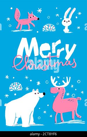 Affiche d'hiver vecteur de Noël avec animaux mignons Illustration de Vecteur