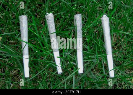 Vue du haut Flat Lay four Pre-Rolls Cannabis joints herbe de marijuana sur une pelouse fraîche Banque D'Images