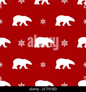 Motif hiver à damier sans couture avec flocons de neige blancs et ours polaires. Décoration de Noël à motif vectoriel plat sur fond rouge. Texture renne d'hiver. Illustration de Vecteur