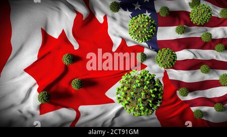 COVID-19 molécules du coronavirus sur le drapeau combiné canadien des États-Unis - Border Concept de relations - cas de crise de santé en hausse - Canada USA Pandémie de virus Banque D'Images