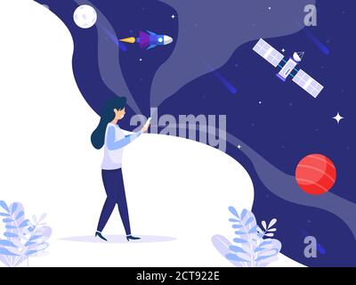Femme marchant tenant un mobile pour trouver des idées dans un espace. Concept de la technologie. Illustration vectorielle. Illustration de Vecteur