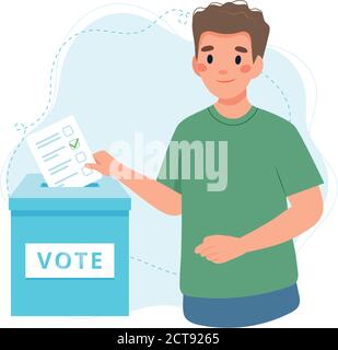 Jeune homme qui vote dans les urnes. Concept d'élection. Illustration de Vecteur