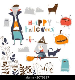 Ensemble de personnages d'Halloween sur fond blanc Illustration de Vecteur