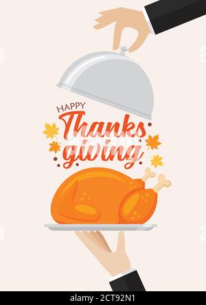 Un garçon sert une dinde avec le lettrage Happy Thanksgiving. Illustration vectorielle pour les cartes de vœux Illustration de Vecteur