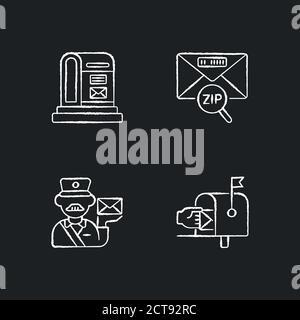 Les icônes blanches de la craie de livraison de coursier sont placées sur un arrière-plan noir Illustration de Vecteur