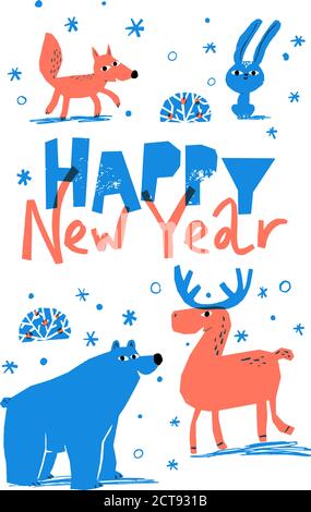 Bonne affiche d'hiver vecteur du nouvel an avec de jolis animaux Illustration de Vecteur
