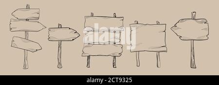 Ensemble de panneaux et de flèches en bois. Mises en plan manuelles isolées sur fond jaune clair. Illustration de Vecteur